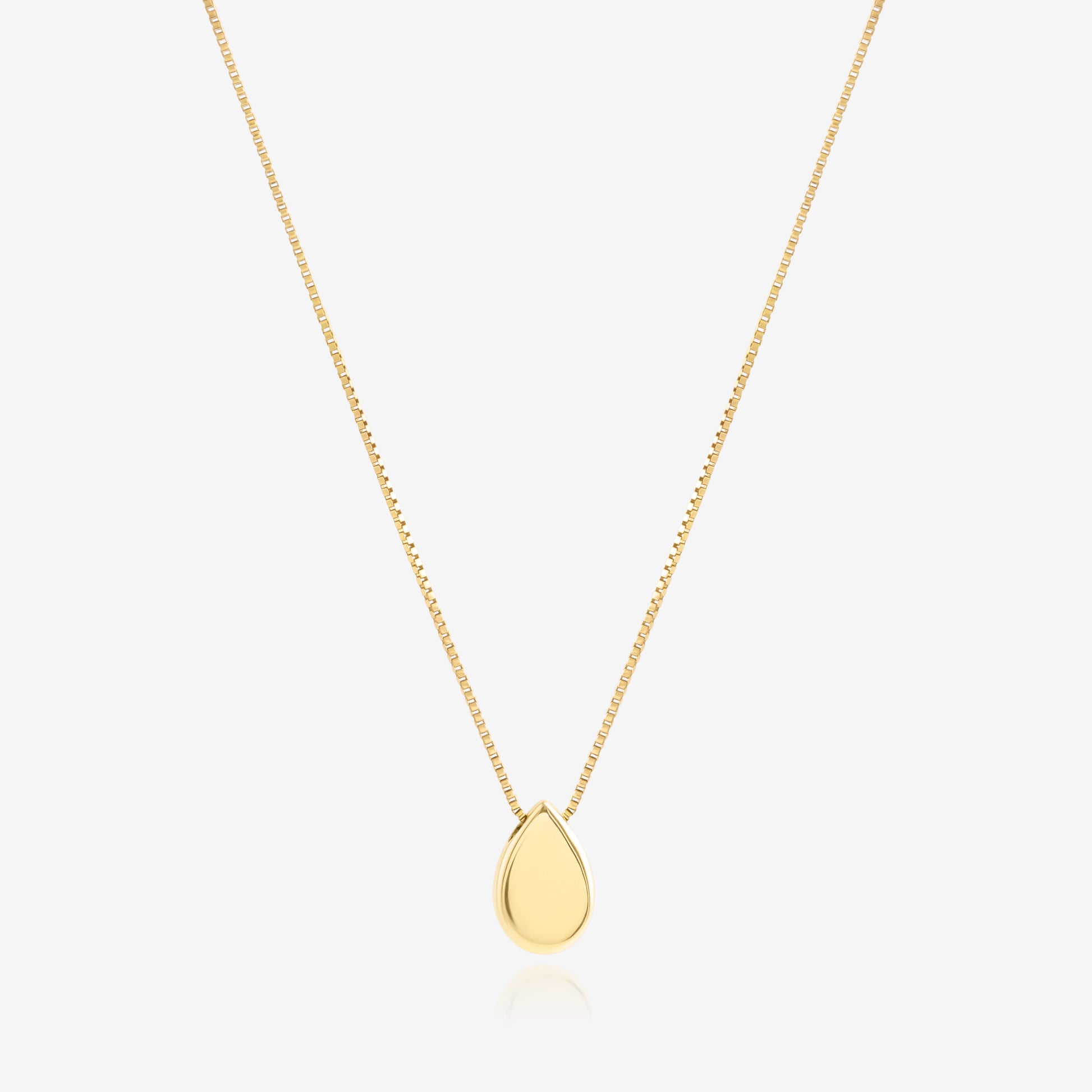 Polished 14K gold teardrop pendant necklace without engraving, showing smooth back surface.