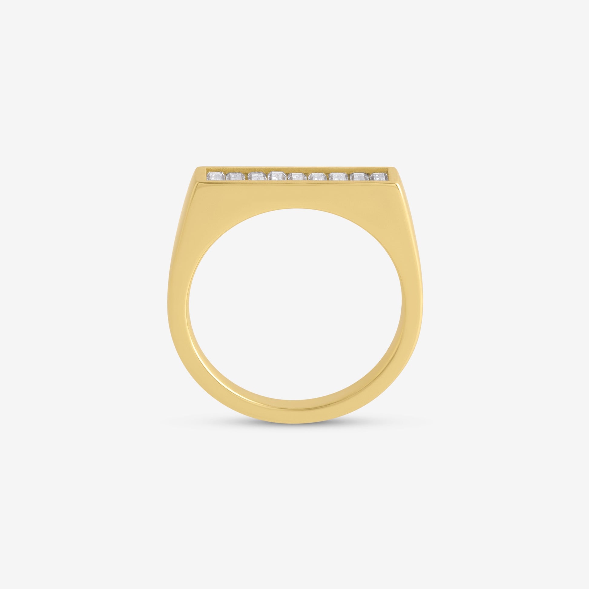 Baguette Bezel Set ring top view in 18k gold showing channel-set baguette diamonds, unisex jewelry NIK Jewellery Canada