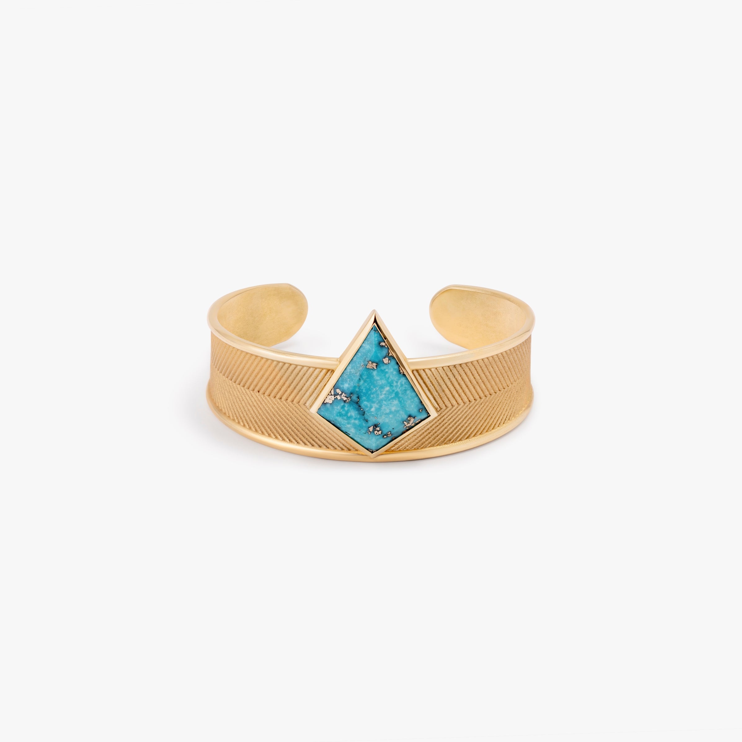 DENA cuff bracelet with diamond-shaped Persian turquoise stone in 18k gold geometric textured band, unisex jewelry NIK Jewellery Canada