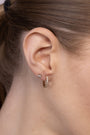 Nik Jewellery 14K gold diamond pavé hoop earring worn on ear, showing 14.5 mm size and fit.