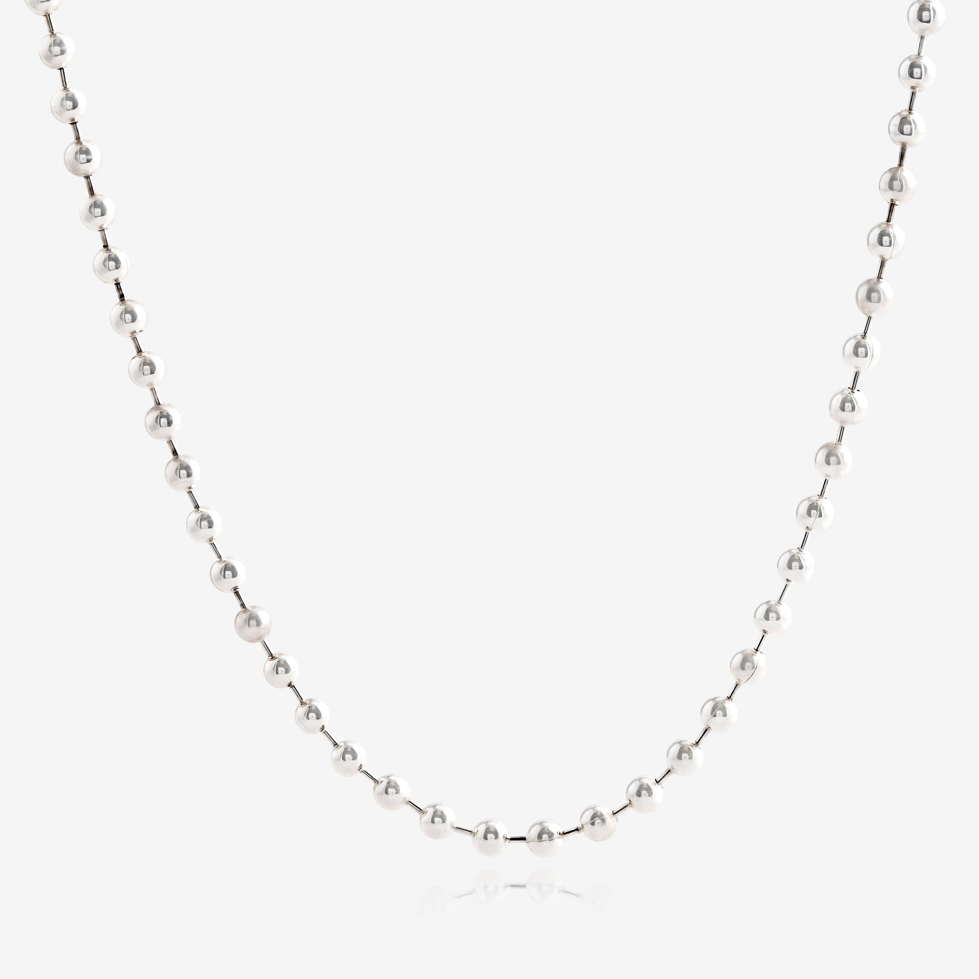 Nik Jewellery 5 mm silver ball chain necklace, full front view.
