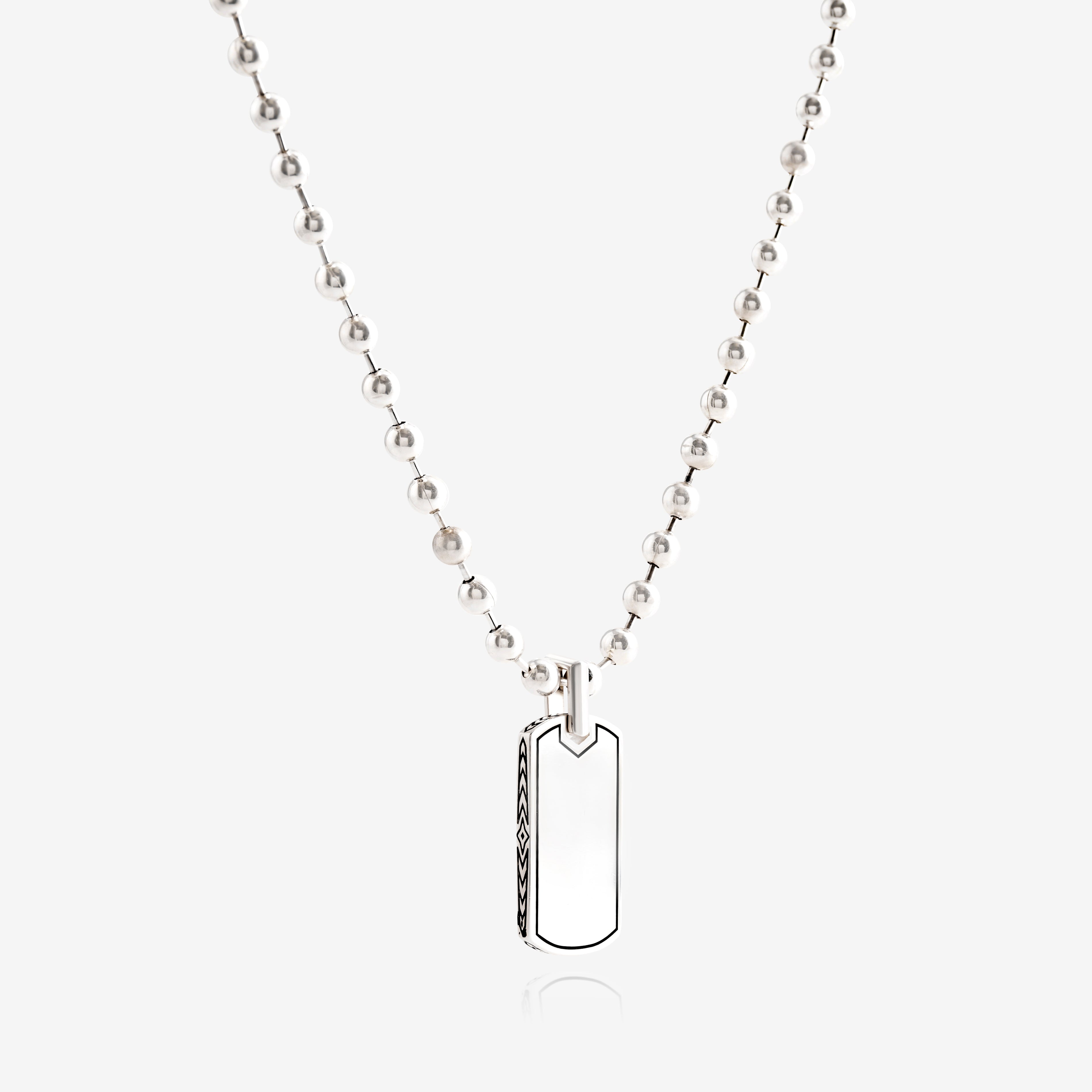Nik Jewellery 5 mm silver ball chain necklace shown with rectangular tag pendant.