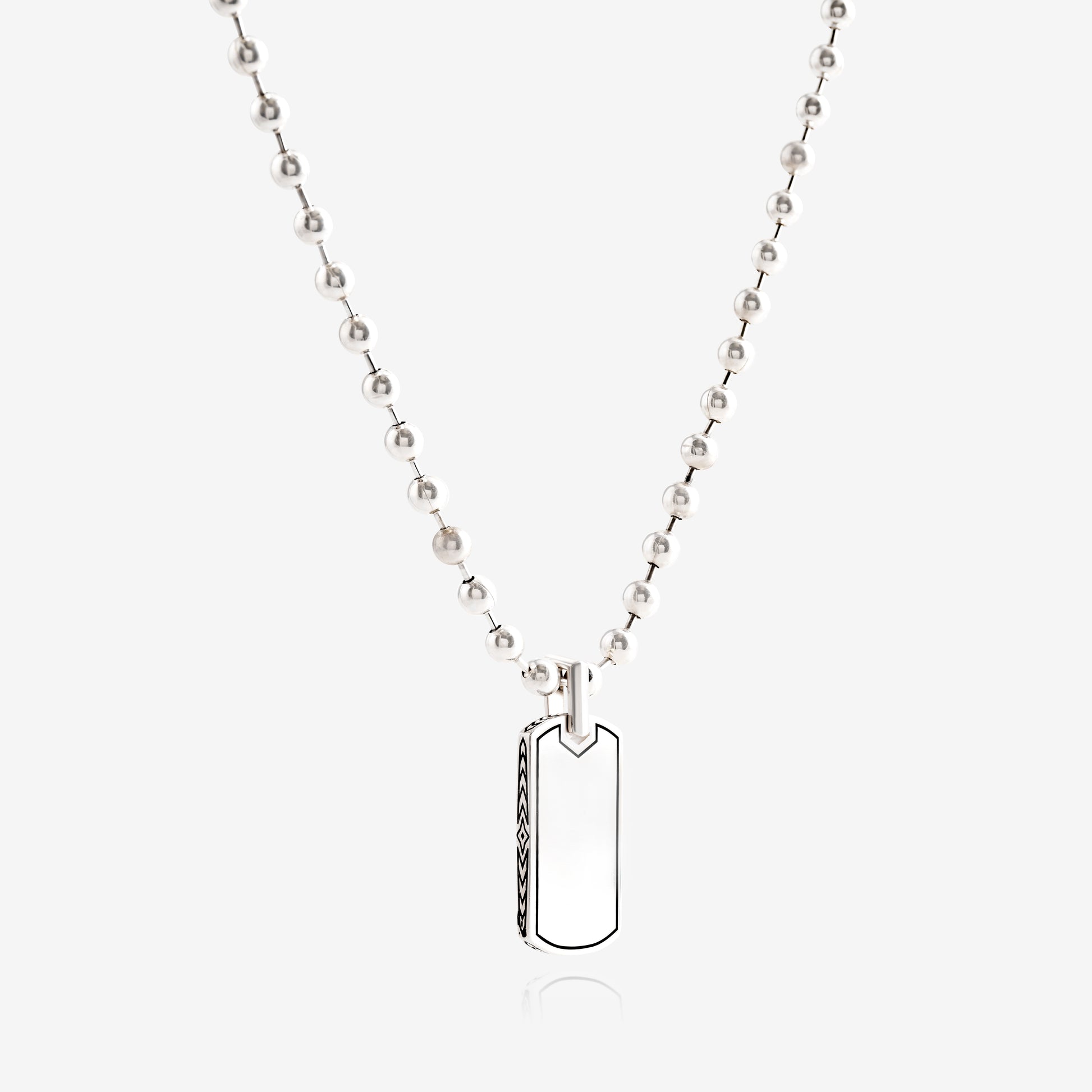Nik Jewellery 5 mm silver ball chain necklace shown with rectangular tag pendant.