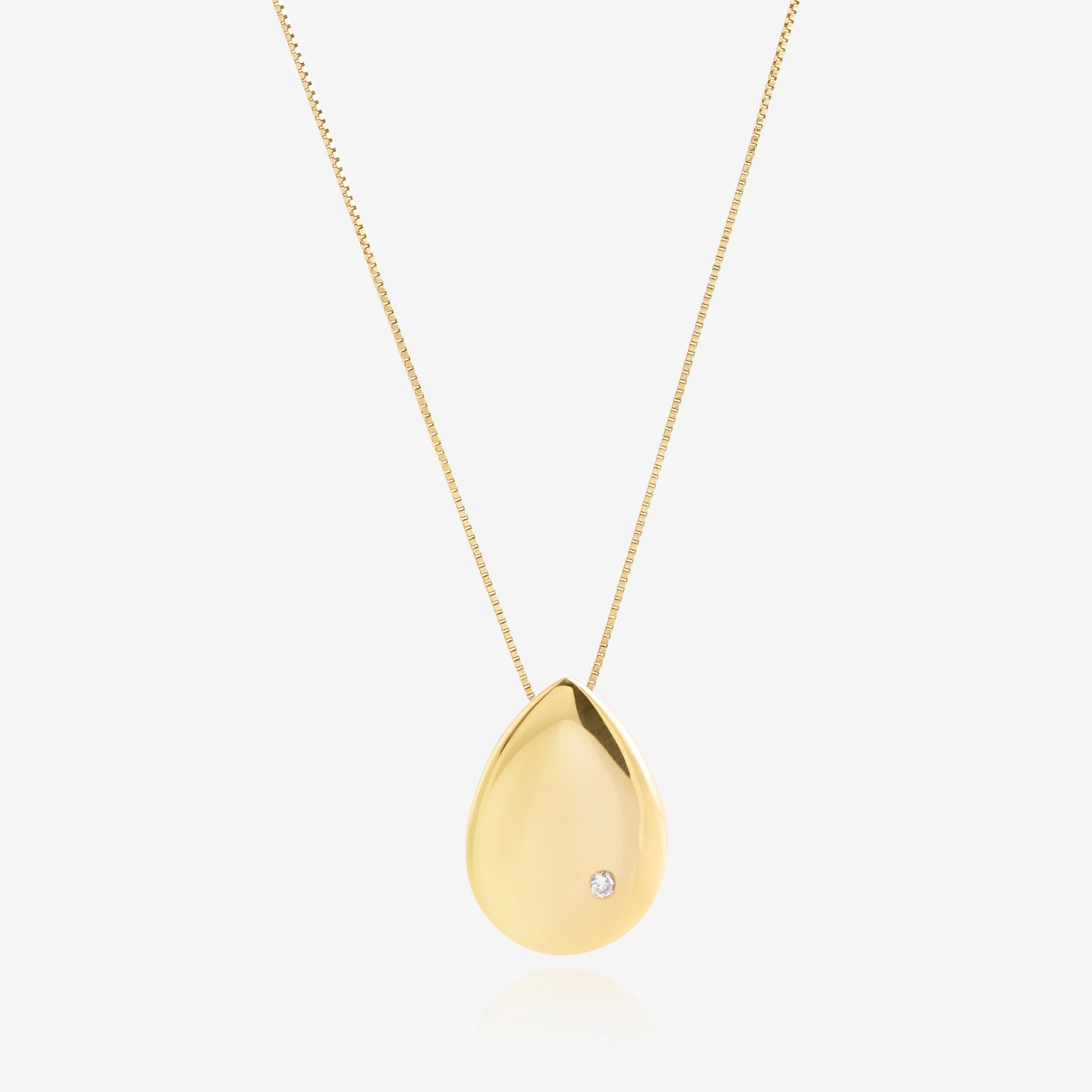 Nik Jewellery Astra gold vermeil pear pendant necklace with single flush-set diamond, front view.

