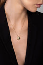 Nik Jewellery Astra gold vermeil pear diamond pendant necklace worn on neck, showing size and length.