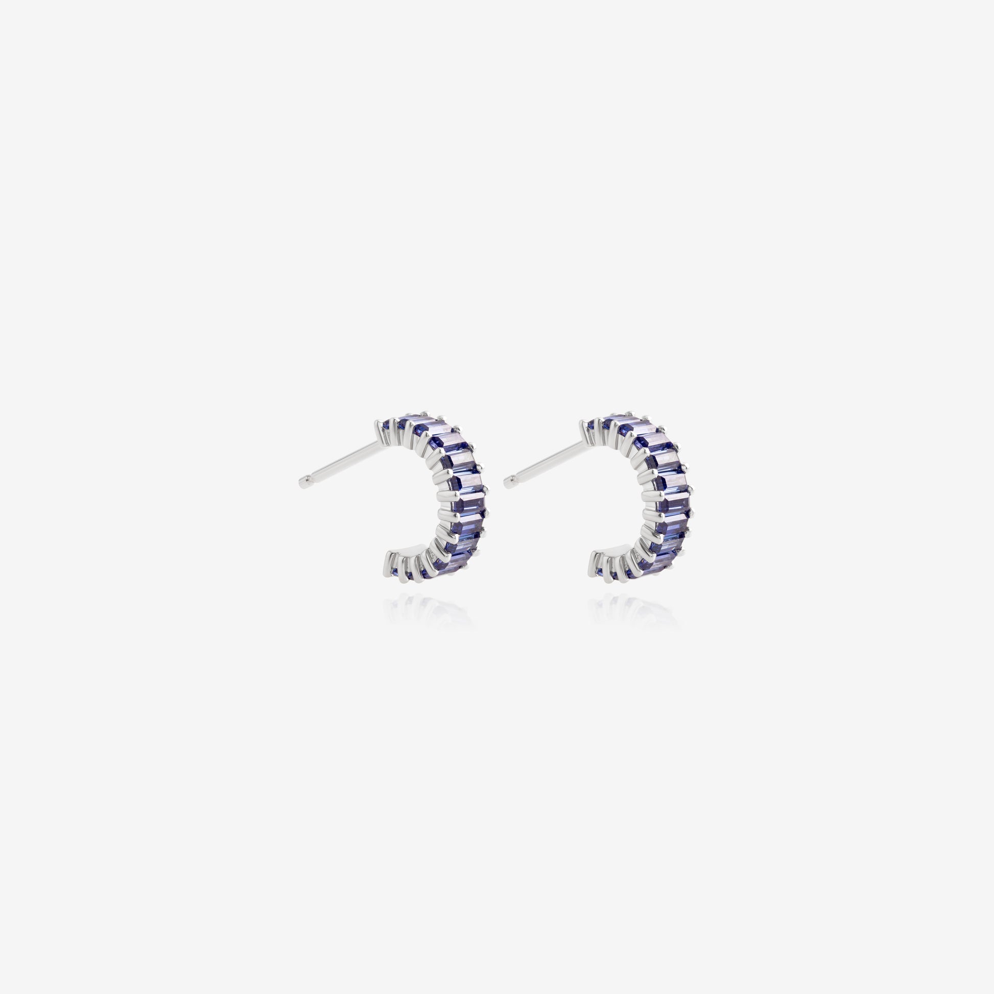 Nik Jewellery Azure 18K white gold blue sapphire baguette huggie earrings, side view with post and back.