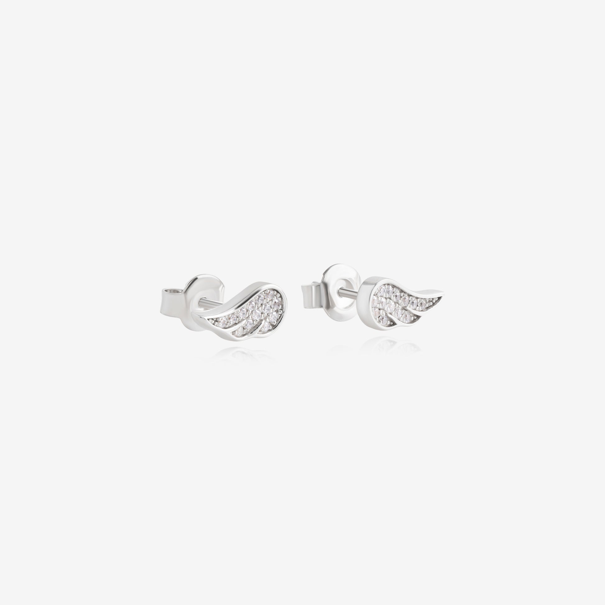 Nik Jewellery Celeste 14K white gold lab-grown diamond wing stud earrings, angled view with post back.