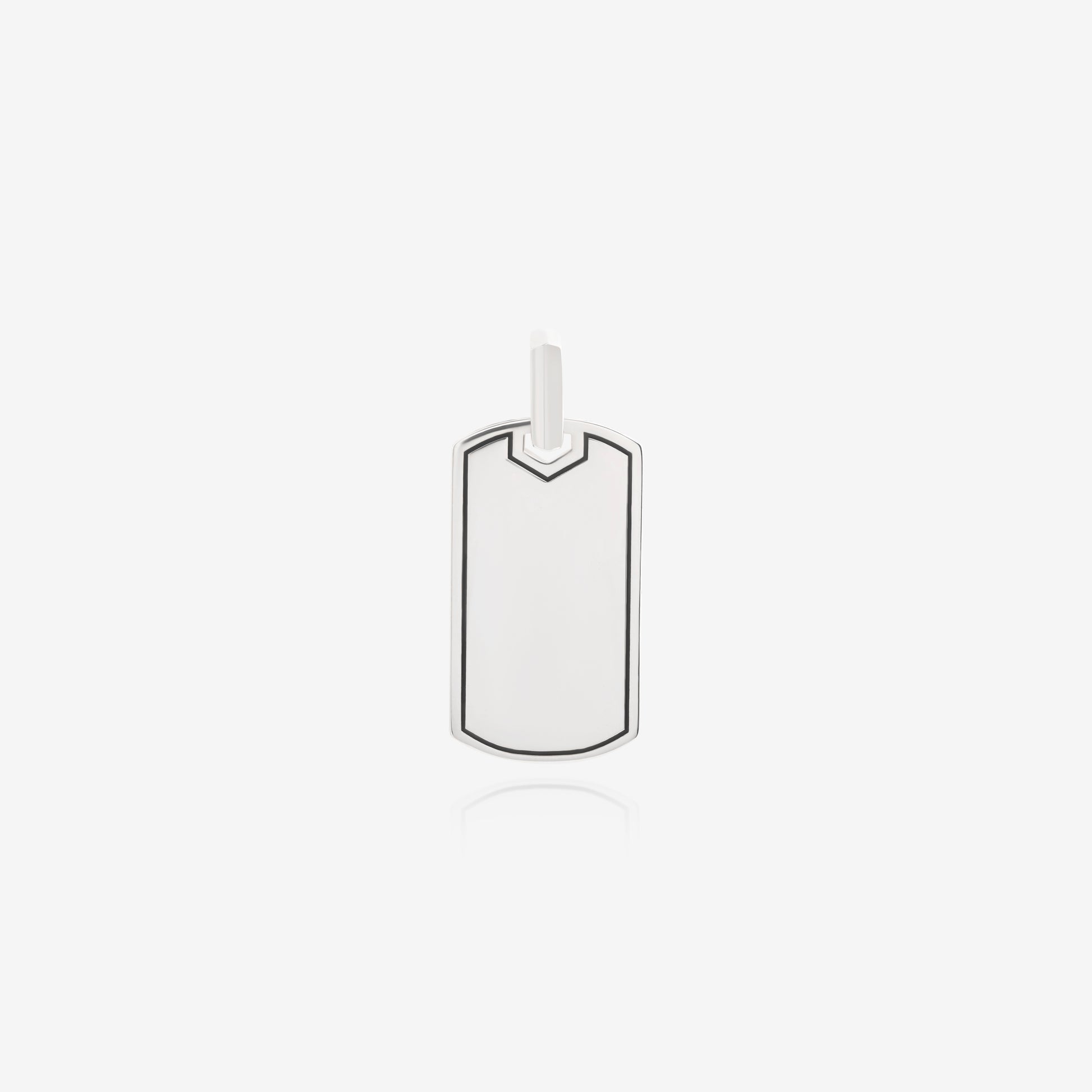 Nik Jewellery engravable 925 sterling silver tag pendant, front view showing V-cut top and polished surface.