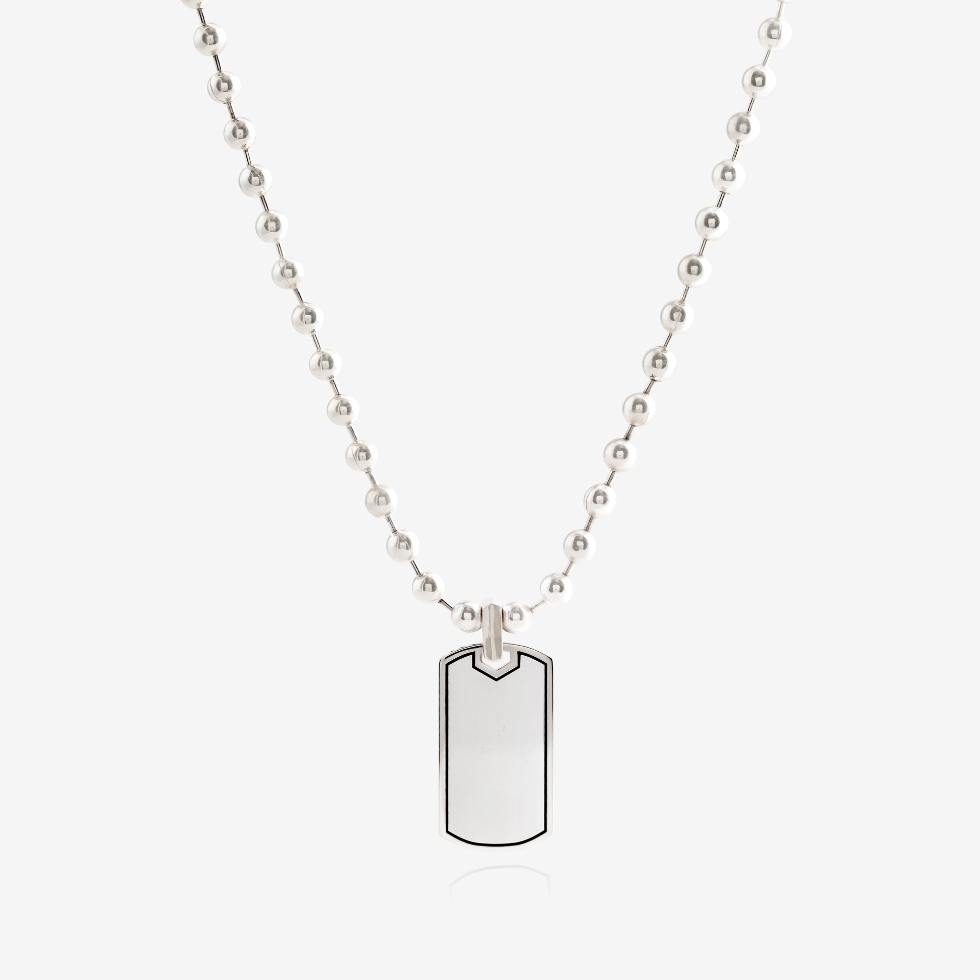 Nik Jewellery silver tag pendant shown on a silver ball chain necklace, front view.
