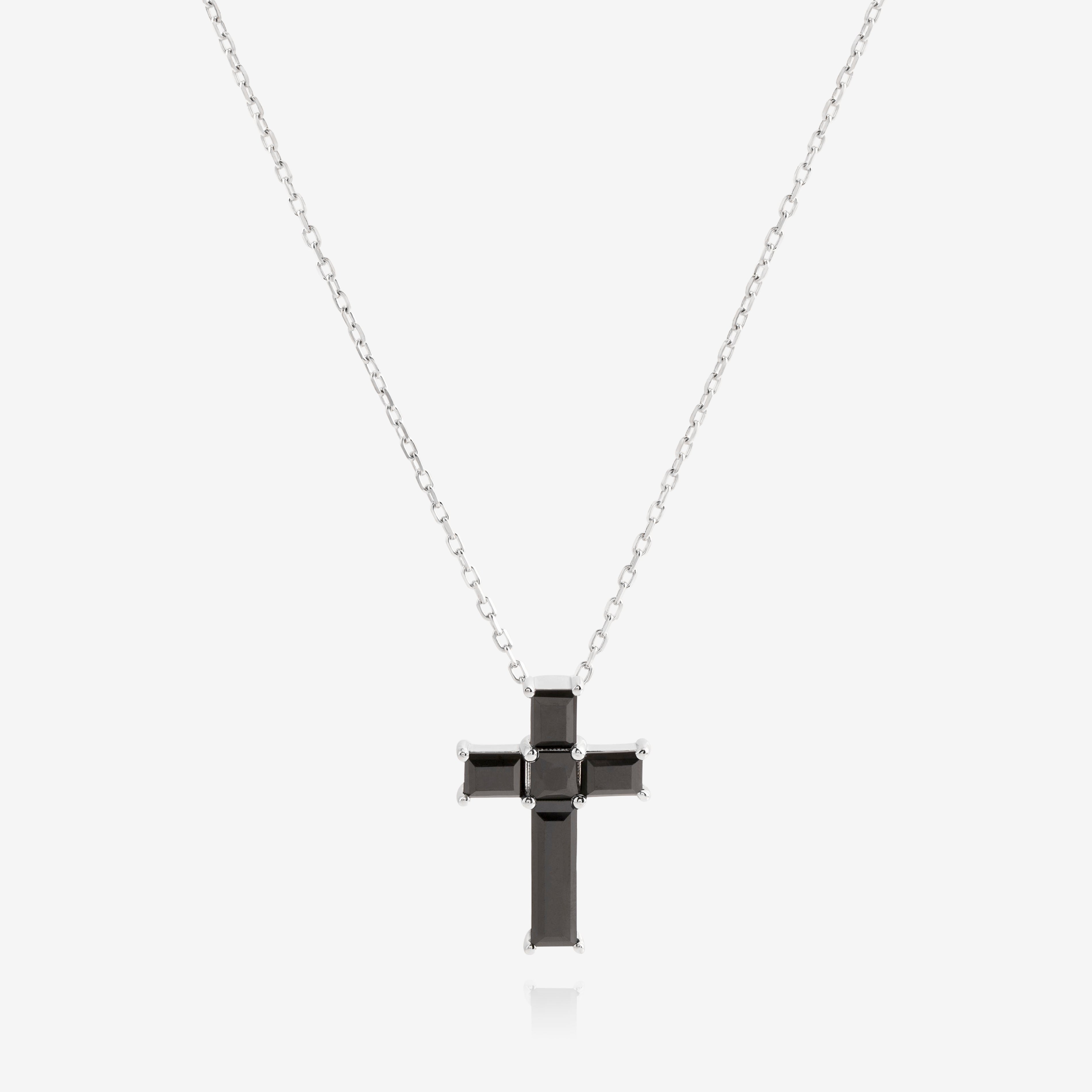 Nik Jewellery Noir sterling silver white-gold vermeil necklace with black baguette cross pendant, front view.