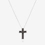Nik Jewellery Noir sterling silver white-gold vermeil necklace with black baguette cross pendant, front view.