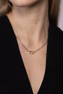 Nik Jewellery Orion 14K gold lab-grown diamond lock pendant worn on neck, close-up showing size and placement.