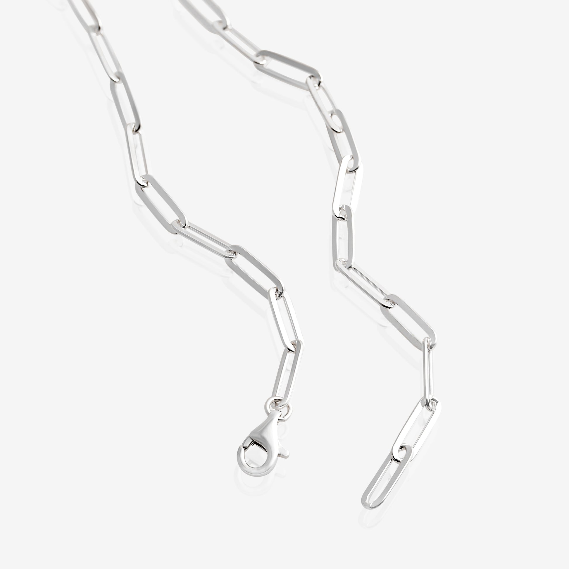 Nik Jewellery silver paperclip chain necklace close-up showing elongated 4.5 mm links.