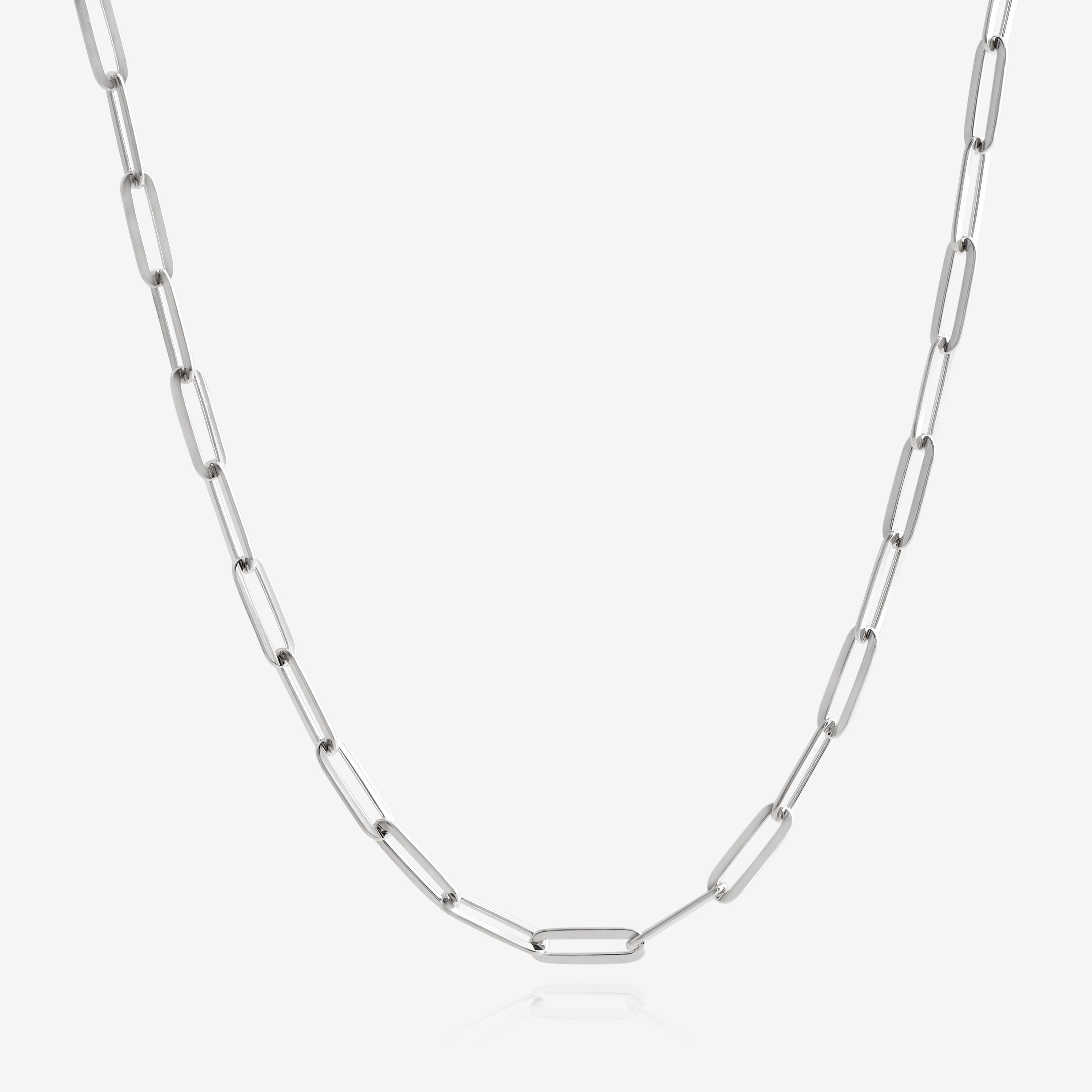 Nik Jewellery 22 inch 925 sterling silver paperclip chain necklace, full front view.