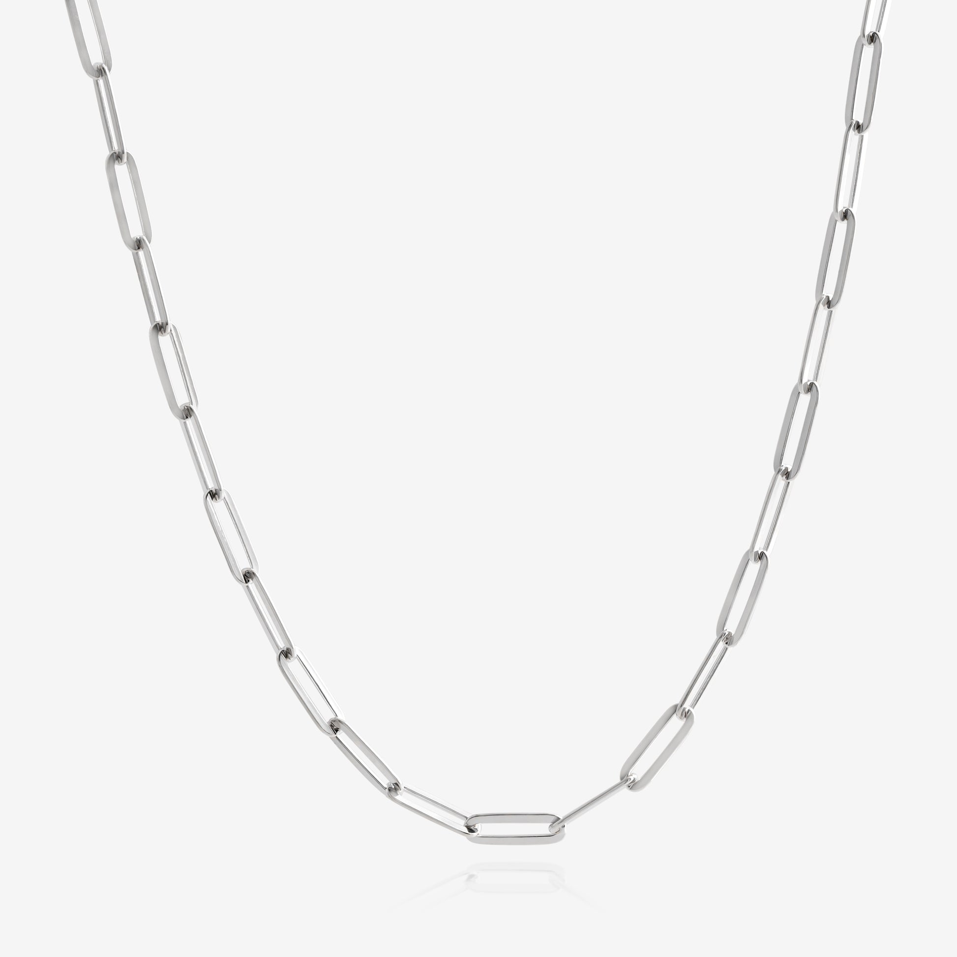 Nik Jewellery 22 inch 925 sterling silver paperclip chain necklace, full front view.