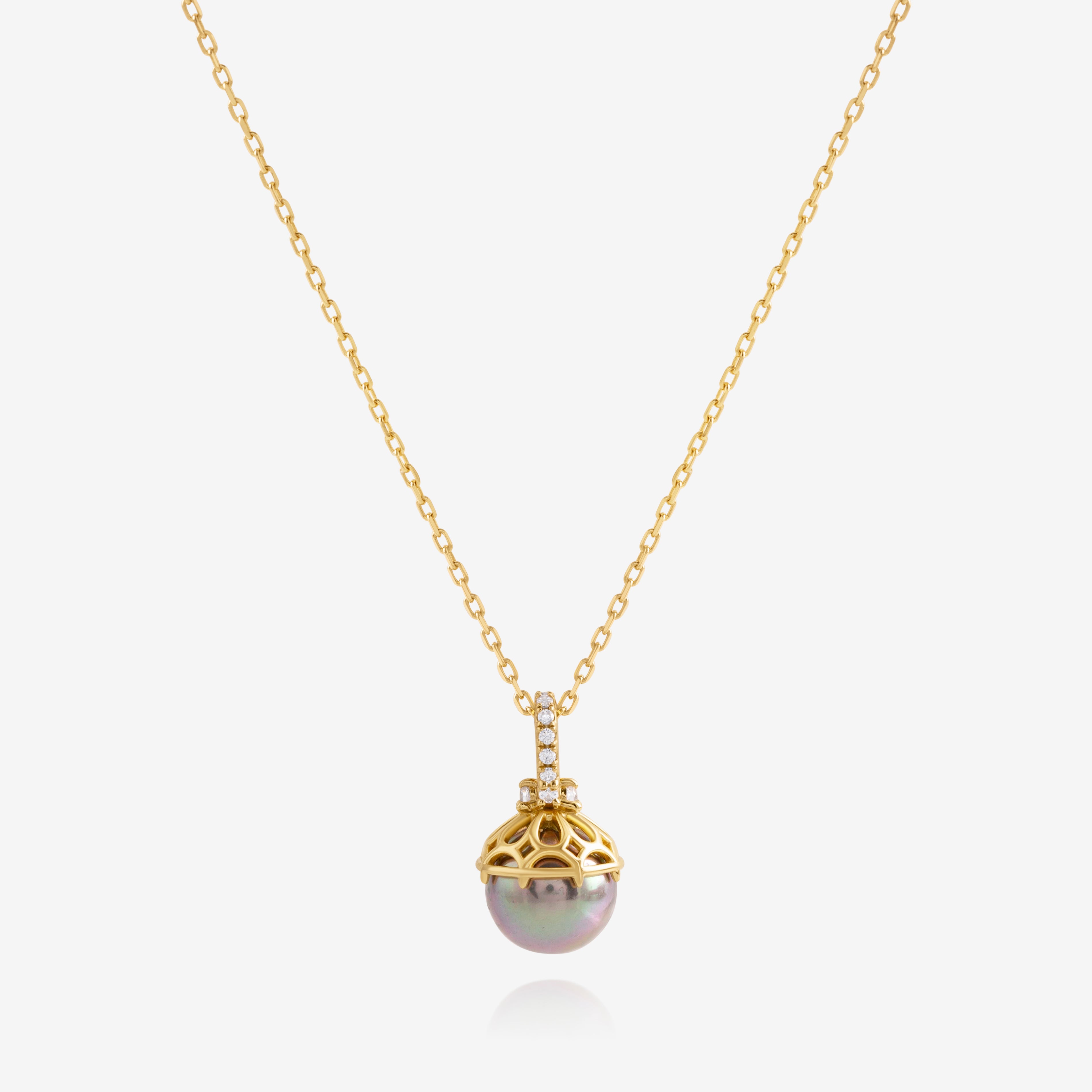 Nik Jewellery Solara 18K yellow gold pendant necklace with round cultured pearl and diamond bail, full front view.