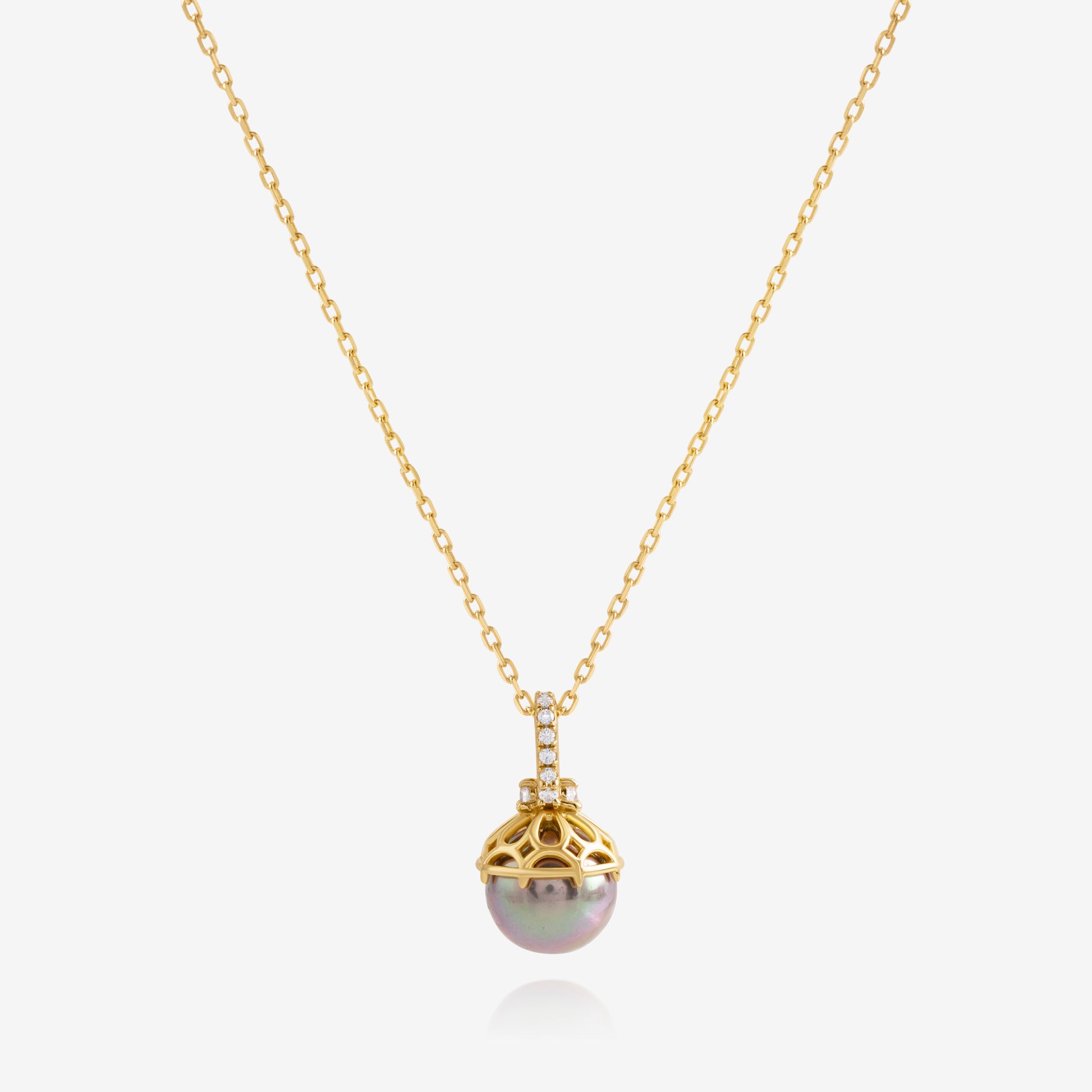 Nik Jewellery Solara 18K yellow gold pendant necklace with round cultured pearl and diamond bail, full front view.
