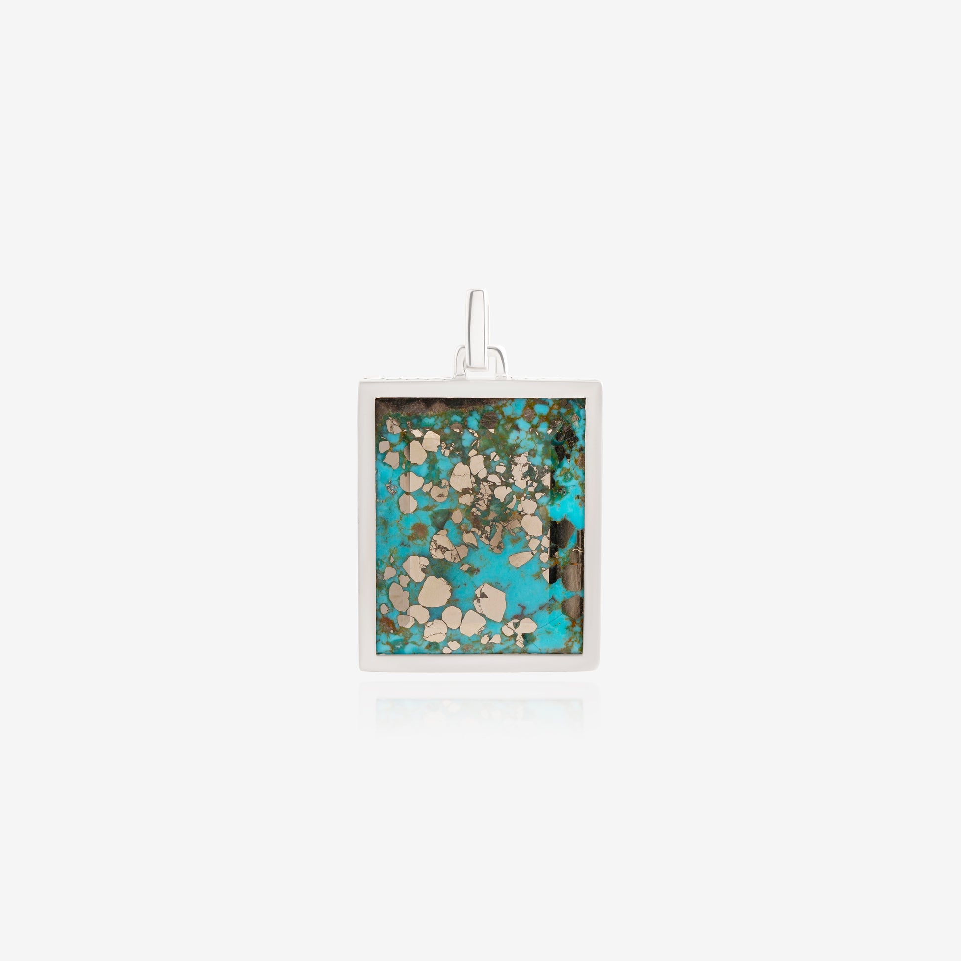 Nik Jewellery turquoise azure sterling silver rectangular pendant, front view.